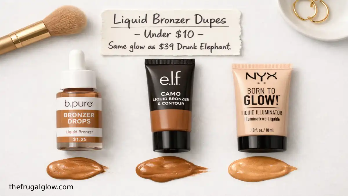 A collection of affordable liquid bronzers: b.pure Bronzer Drops from Dollar Tree, e.l.f. Camo Liquid Bronzer, and NYX Born to Glow. A sign says "$1.25 vs $39 – Same glow."