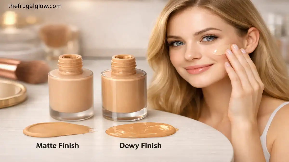 A fair-skinned woman applies liquid foundation to her cheek beside two open bottles labeled “Matte Finish” and “Dewy Finish” on a white vanity.