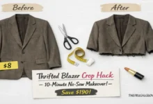 A thrifted oversized blazer on one side and a cropped blazer on the other. Scissors, a measuring tape, and a small sign say "10-Minute No-Sew Hack."