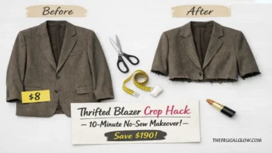 A thrifted oversized blazer on one side and a cropped blazer on the other. Scissors, a measuring tape, and a small sign say "10-Minute No-Sew Hack."