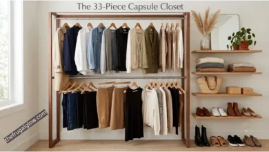A clean, minimalist open wardrobe featuring a curated 33-item capsule collection with neatly hung clothes and organized shoes.