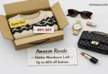 An Amazon box with "Open-Box" sticker and a price tag showing 60% off. A hand is holding a designer sweater. A small sign says "Amazon Resale – Up to 60% off."