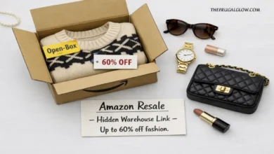 An Amazon box with "Open-Box" sticker and a price tag showing 60% off. A hand is holding a designer sweater. A small sign says "Amazon Resale – Up to 60% off."
