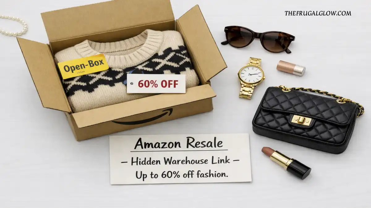 An Amazon box with "Open-Box" sticker and a price tag showing 60% off. A hand is holding a designer sweater. A small sign says "Amazon Resale – Up to 60% off."