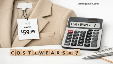 A price tag attached to a stylish winter coat next to a calculator, illustrating the cost-per-wear formula for smart shopping.