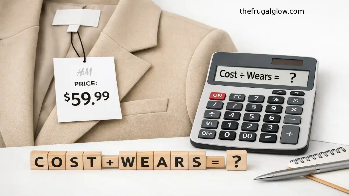 A price tag attached to a stylish winter coat next to a calculator, illustrating the cost-per-wear formula for smart shopping.