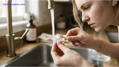 A close-up of a girl cleaning a foggy cubic zirconia ring with dish soap at her kitchen sink to restore its sparkle.