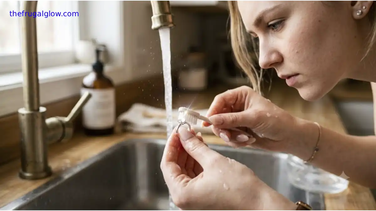 A close-up of a girl cleaning a foggy cubic zirconia ring with dish soap at her kitchen sink to restore its sparkle.