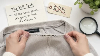 A person performing the pull test on a sweater's seam, showing the fabric gap when stretched. A price tag shows $25. A sign says "The Pull Test – 3 signs it won't survive two washes."