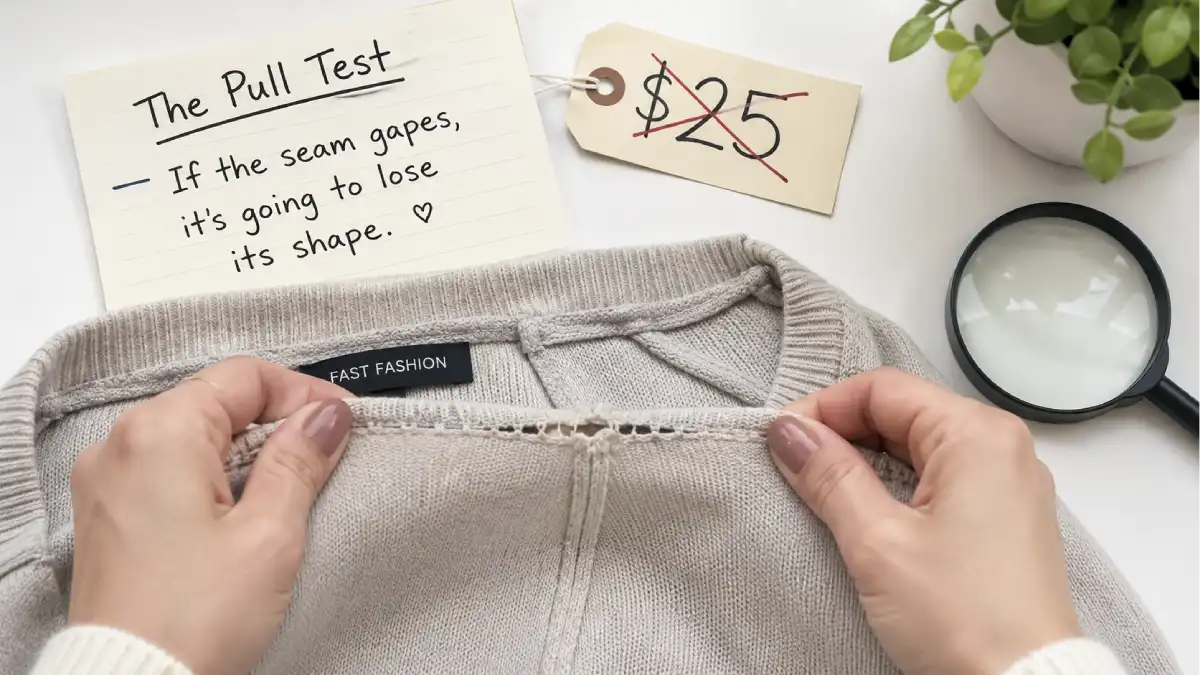 A person performing the pull test on a sweater's seam, showing the fabric gap when stretched. A price tag shows $25. A sign says "The Pull Test – 3 signs it won't survive two washes."