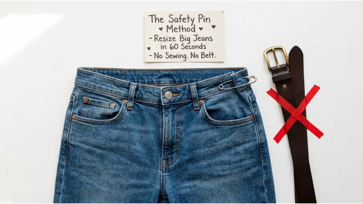 A pair of jeans with a safety pin securing the waistband. A belt is crossed out. A sign says "60 Seconds – No Sewing – No Belt."