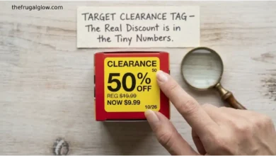 A Target clearance tag with a yellow sticker showing 50% off. A hand is pointing to the tiny number in the upper-right corner and the date stamp. A sign says "The Real Discount is in the Details."