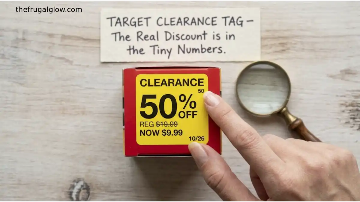 A Target clearance tag with a yellow sticker showing 50% off. A hand is pointing to the tiny number in the upper-right corner and the date stamp. A sign says "The Real Discount is in the Details."
