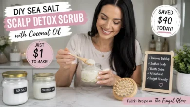 A young Caucasian woman with sleek black hair smiles while preparing her DIY sea salt scalp detox scrub, holding a small glass jar with a textured sea salt and coconut oil mix on a bright marble countertop.