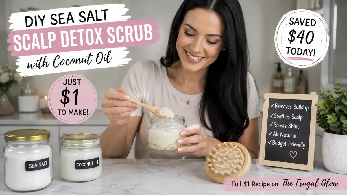 A young Caucasian woman with sleek black hair smiles while preparing her DIY sea salt scalp detox scrub, holding a small glass jar with a textured sea salt and coconut oil mix on a bright marble countertop.