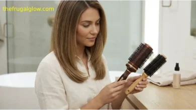 A comparison of a luxury round hair brush and an affordable boar bristle round brush side by side on a bathroom vanity.
