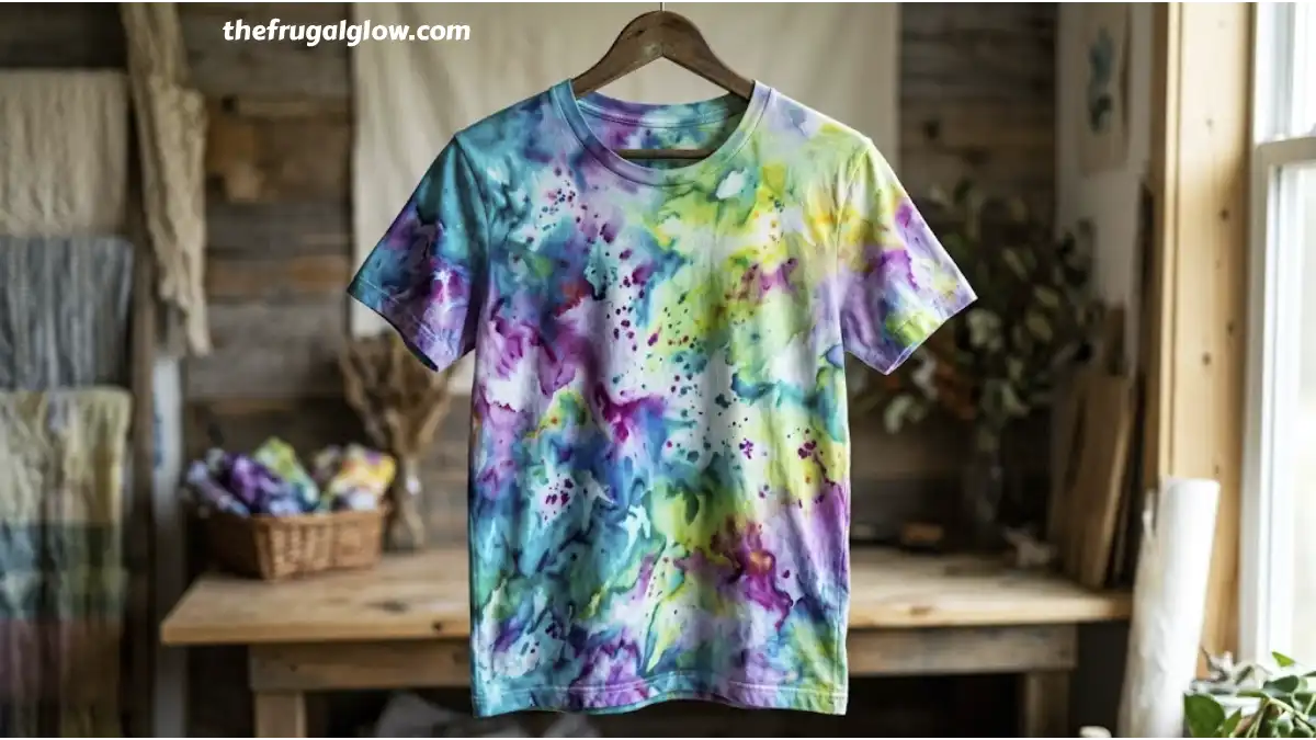 White t-shirt covered in ice cubes and colorful dye powder during the ice dyeing process