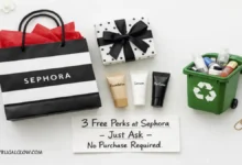 A Sephora shopping bag with freebies: a birthday gift box, sample tubes, and a recycling bin. A sign says "3 Free Perks – Just Ask."
