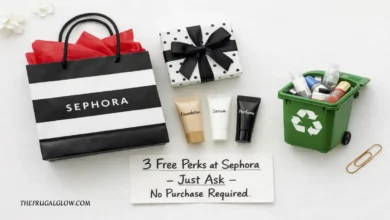 A Sephora shopping bag with freebies: a birthday gift box, sample tubes, and a recycling bin. A sign says "3 Free Perks – Just Ask."