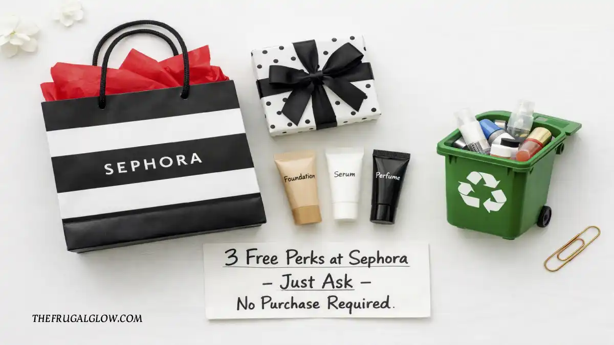 A Sephora shopping bag with freebies: a birthday gift box, sample tubes, and a recycling bin. A sign says "3 Free Perks – Just Ask."