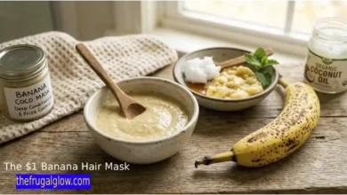 Close-up shot of an affordable homemade organic banana hair mask with coconut oil for deep conditioning and frizz control, sitting next to a fresh speckled banana and a bowl of raw ingredients.