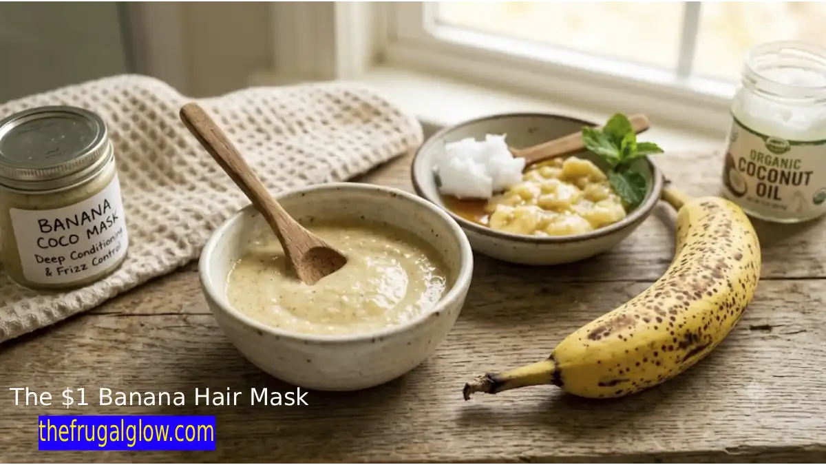 Close-up shot of an affordable homemade organic banana hair mask with coconut oil for deep conditioning and frizz control, sitting next to a fresh speckled banana and a bowl of raw ingredients.