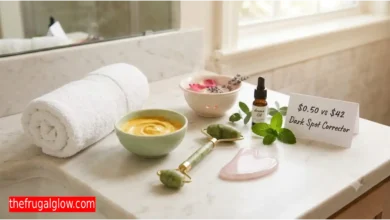 A cozy at-home spa setup on a clean white bathroom counter, featuring a rolled white towel, a jade roller, a rose quartz gua sha tool, a small bowl of natural face mask, and a delicate steaming bowl with flower petals, creating a 7-step DIY facial atmosphere.