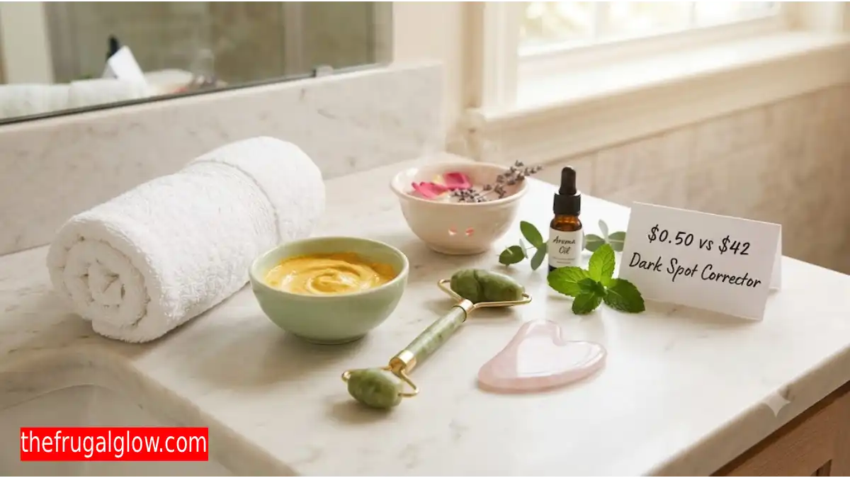A cozy at-home spa setup on a clean white bathroom counter, featuring a rolled white towel, a jade roller, a rose quartz gua sha tool, a small bowl of natural face mask, and a delicate steaming bowl with flower petals, creating a 7-step DIY facial atmosphere.