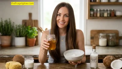 A beautiful Caucasian woman smiling at home in her kitchen, wearing a casual sleeveless top, holding a jar of fresh organic honey and a bowl of coconut milk to prepare an affordable DIY hair mask.