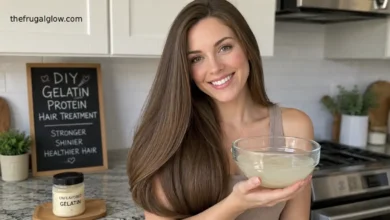 A beautiful Caucasian woman smiling at home in her kitchen, wearing a casual sleeveless top, showing her long, healthy, and shiny brown hair while holding a bowl of clear gelatin protein mixture for an affordable DIY hair treatment.