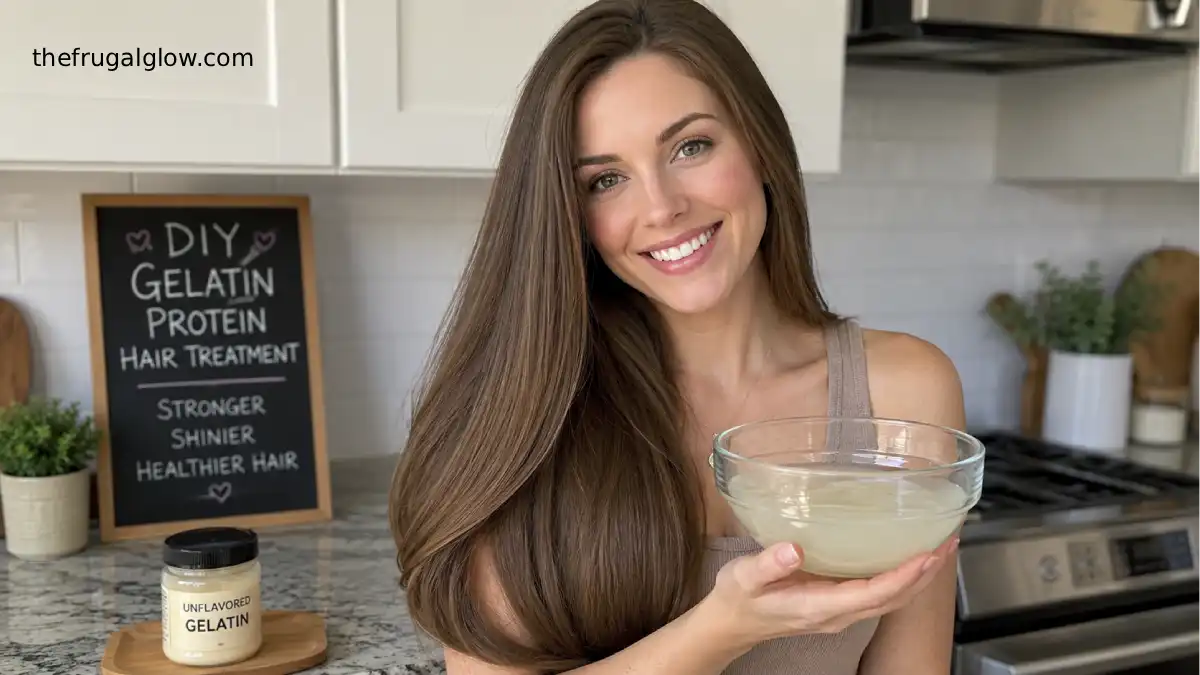 A beautiful Caucasian woman smiling at home in her kitchen, wearing a casual sleeveless top, showing her long, healthy, and shiny brown hair while holding a bowl of clear gelatin protein mixture for an affordable DIY hair treatment.