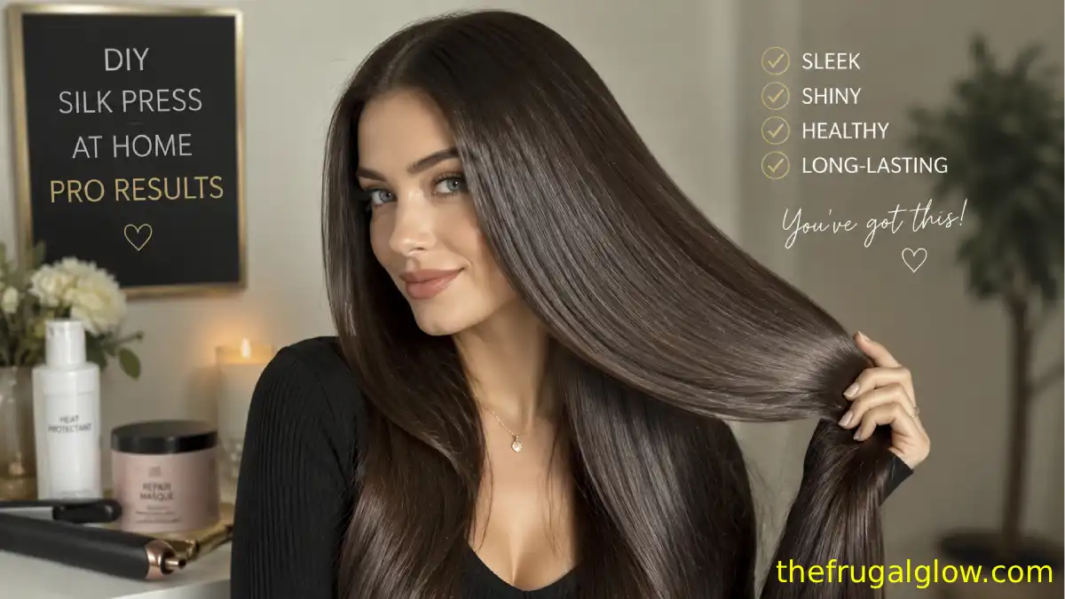 A woman showing the ultra-sleek, shiny results of a professional-grade DIY silk press done at home.