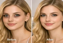 Before and after split screen comparison of a woman's face showing under-eye dark circles erased by a $10 drugstore routine.