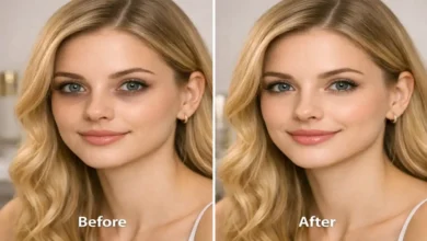 Before and after split screen comparison of a woman's face showing under-eye dark circles erased by a $10 drugstore routine.