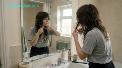 A woman with a shaggy, layered wolf cut hairstyle holding hairdressing scissors in front of a bathroom mirror