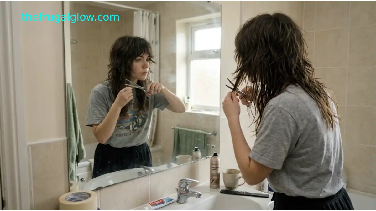A woman with a shaggy, layered wolf cut hairstyle holding hairdressing scissors in front of a bathroom mirror