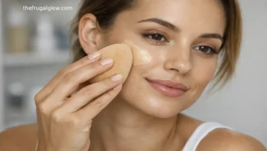 A woman applying drugstore liquid foundation with a damp makeup sponge for a smooth, airbrushed finish