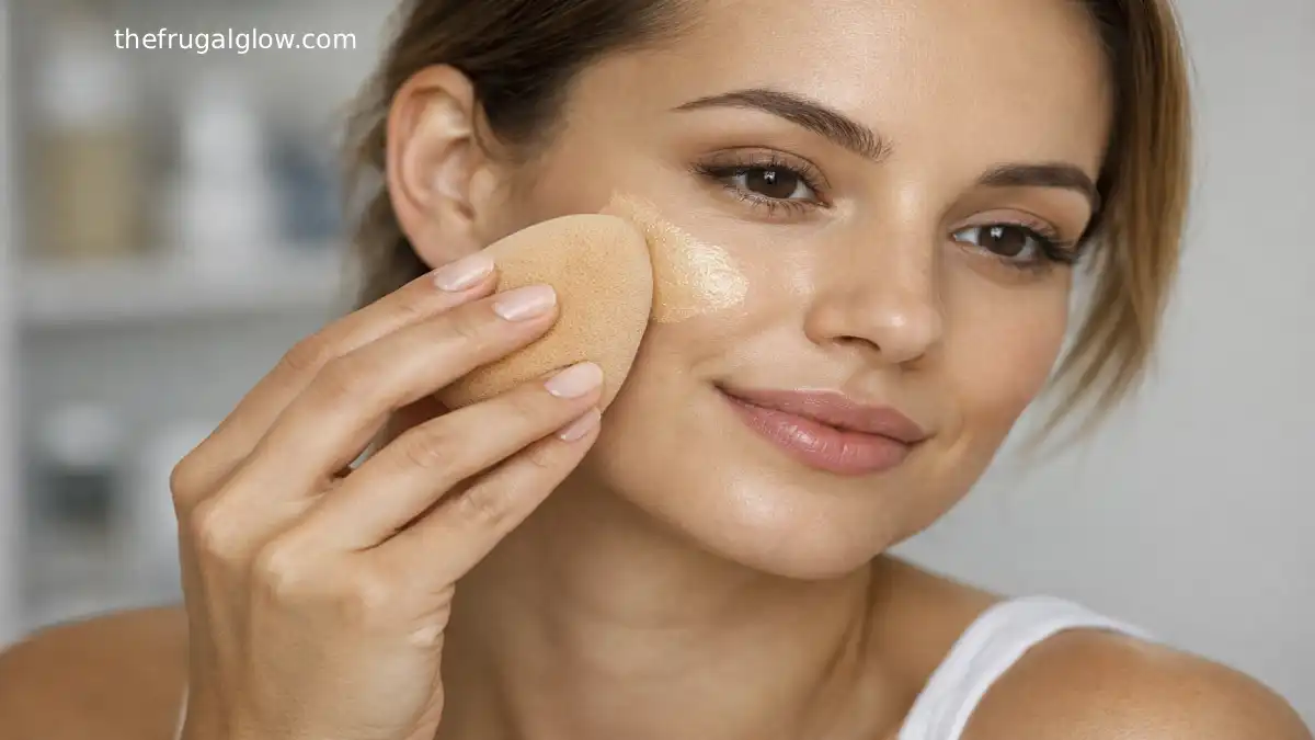 A woman applying drugstore liquid foundation with a damp makeup sponge for a smooth, airbrushed finish