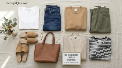 A flat lay capsule wardrobe layout featuring a white tee, dark jeans, a camel sweater, olive pants, a striped shirt, a cardigan, a brown tote bag, and tan mules from Target.