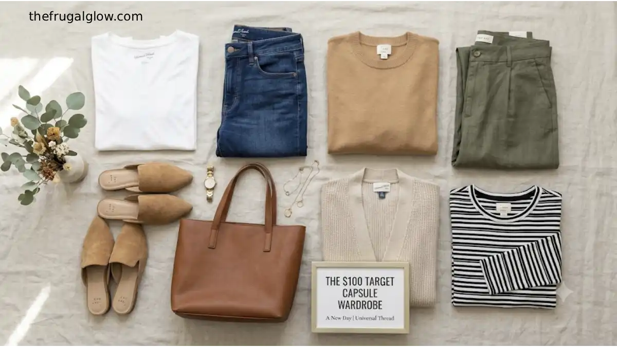A flat lay capsule wardrobe layout featuring a white tee, dark jeans, a camel sweater, olive pants, a striped shirt, a cardigan, a brown tote bag, and tan mules from Target.