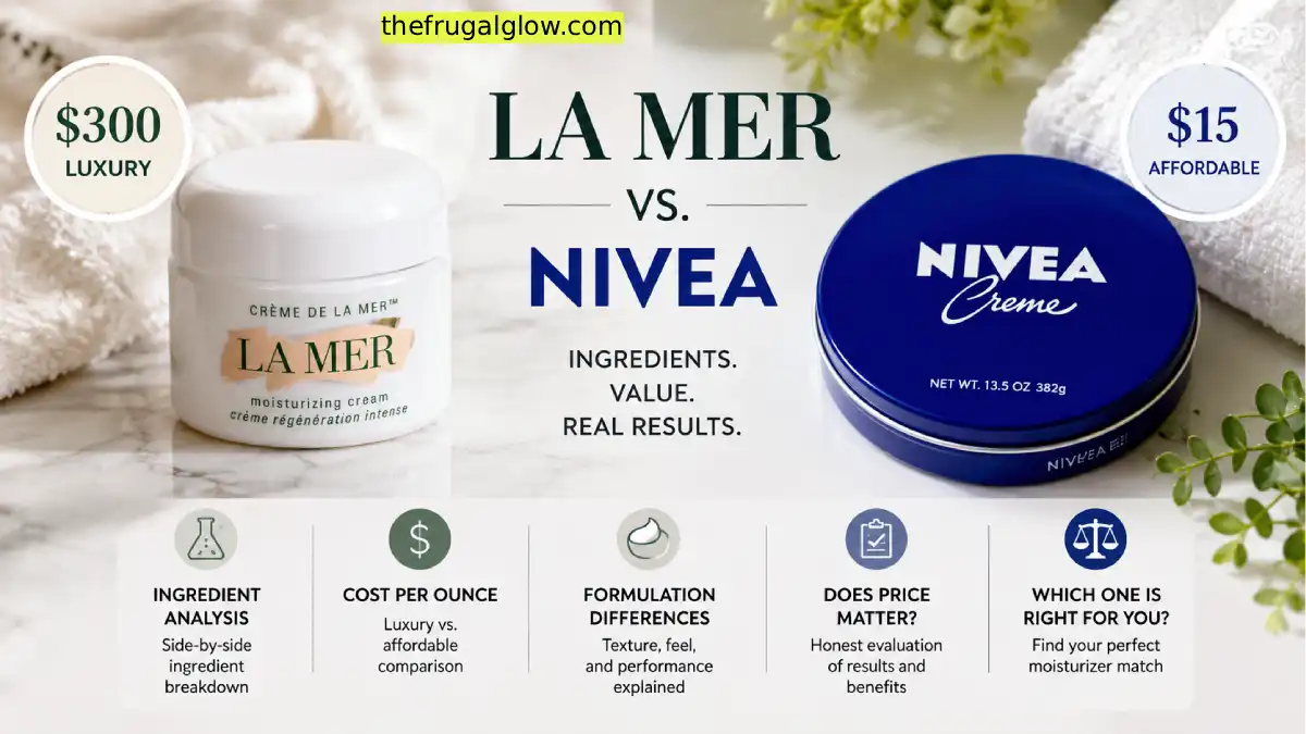 La Mer Crème de la Mer and Nivea Creme displayed side by side for an ingredient-by-ingredient skincare cost comparison.