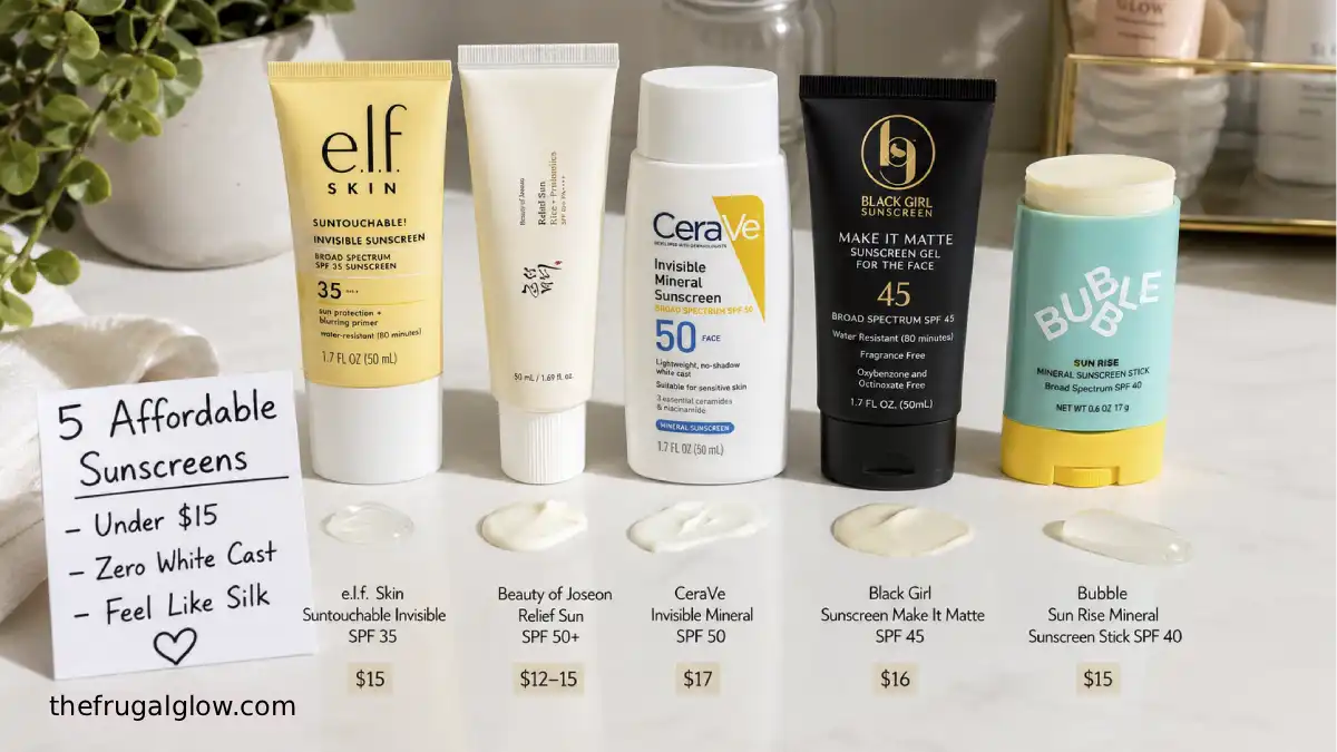 Five affordable sunscreens arranged on a white surface: e.l.f. Suntouchable, Beauty of Joseon Relief Sun, CeraVe Invisible Mineral, Black Girl Sunscreen, and Bubble Sun Rise Stick. A sign says "Under $15 – Zero White Cast."
