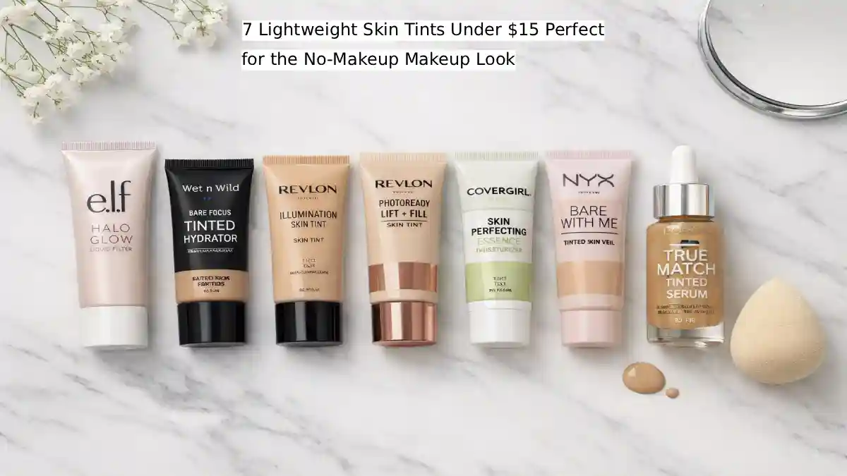 Seven drugstore skin tint bottles lined up on a white vanity surface, including e.l.f. Halo Glow, Wet n Wild, Revlon, Covergirl, NYX, and L'Oréal True Match Tinted Serum – affordable lightweight foundation alternatives under $15 for no-makeup makeup look.