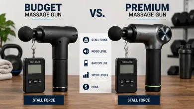 Budget massage gun and premium massage gun placed side by side for a stall force comparison