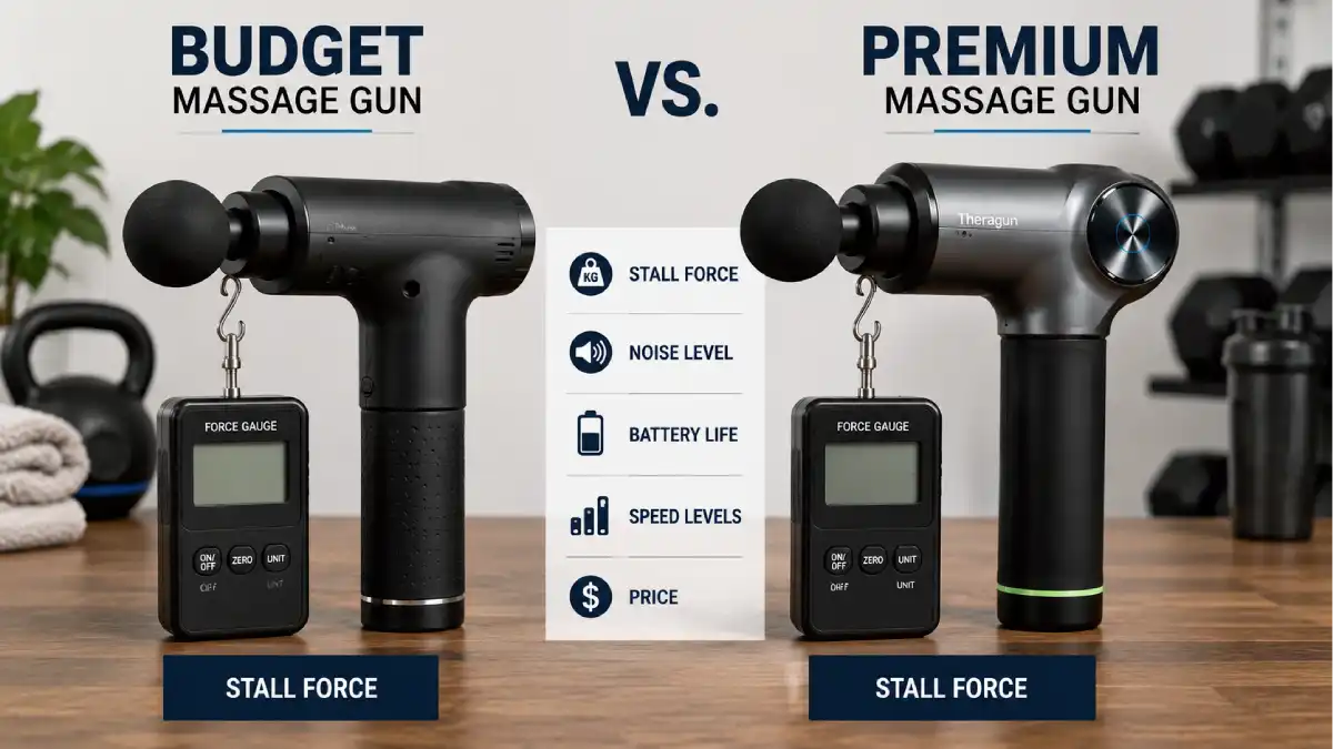 Budget massage gun and premium massage gun placed side by side for a stall force comparison