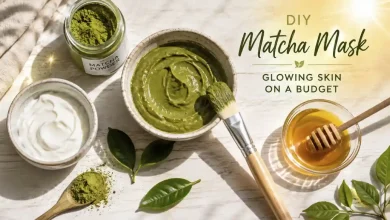 DIY matcha green tea face mask in a ceramic bowl with a brush, surrounded by matcha powder, honey, and yogurt ingredients, with glowing skin effect on the side.