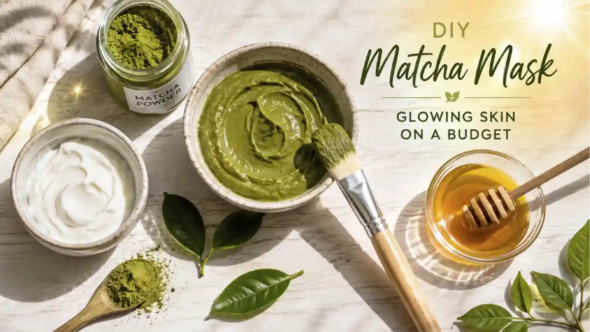 DIY matcha green tea face mask in a ceramic bowl with a brush, surrounded by matcha powder, honey, and yogurt ingredients, with glowing skin effect on the side.