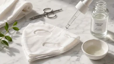 DIY reusable cotton sheet mask folded next to a small glass bowl filled with clear serum, with drops of serum falling from a dropper onto the mask, on a white marble surface – zero waste skincare.