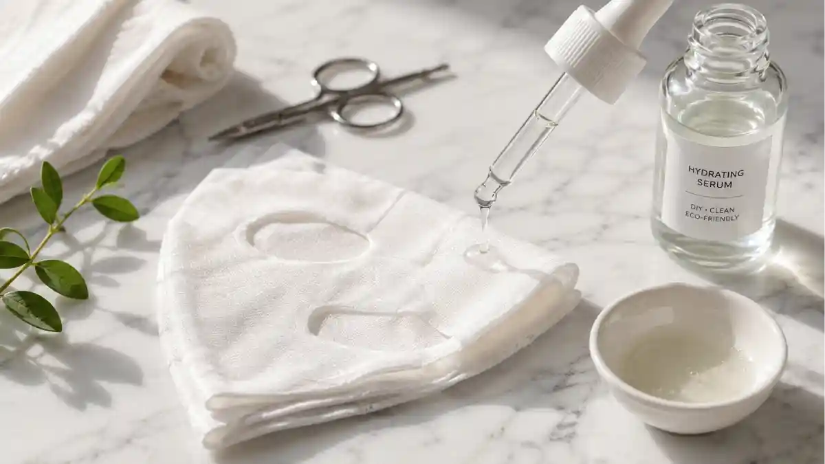 DIY reusable cotton sheet mask folded next to a small glass bowl filled with clear serum, with drops of serum falling from a dropper onto the mask, on a white marble surface – zero waste skincare.