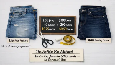A side-by-side comparison of a $30 fast fashion jean and a $100 quality denim jean. The cheap pair is faded and frayed; the quality pair still looks new. A sign shows the cost-per-wear math.